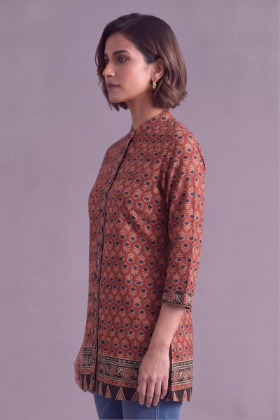 Rust brown Ajrakh Print Cotton straight kurti