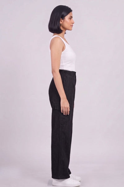 Black Double Button Denim Cargo Pants