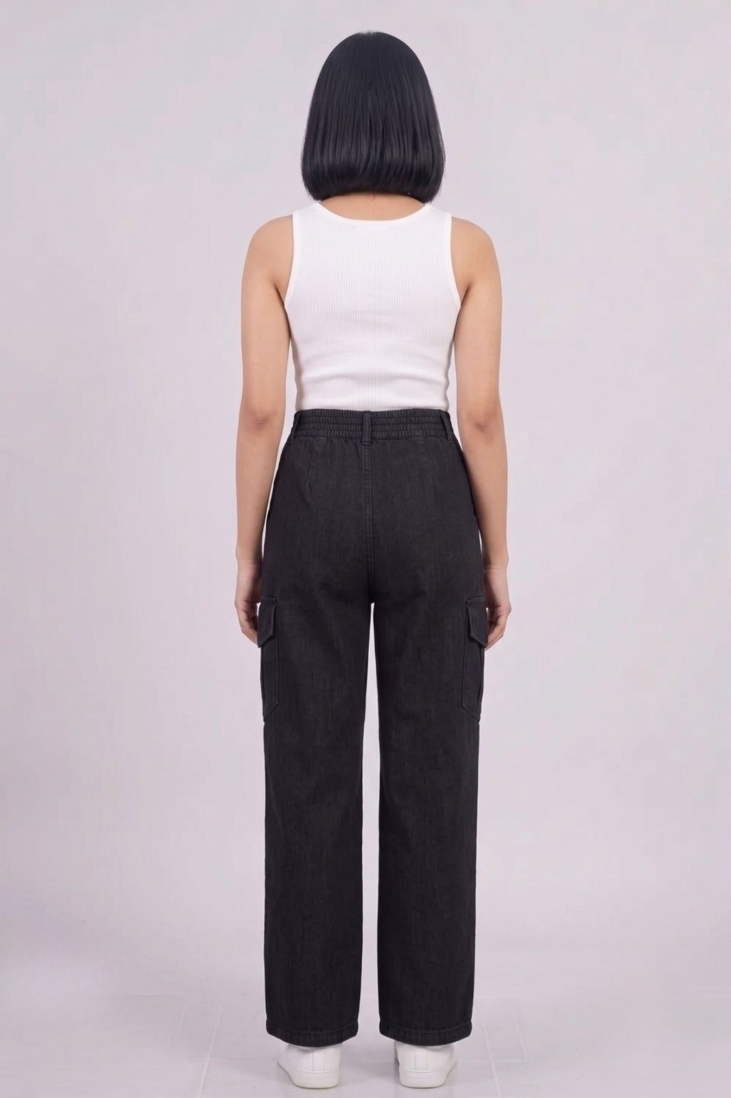 Black Double Button Denim Cargo Pants
