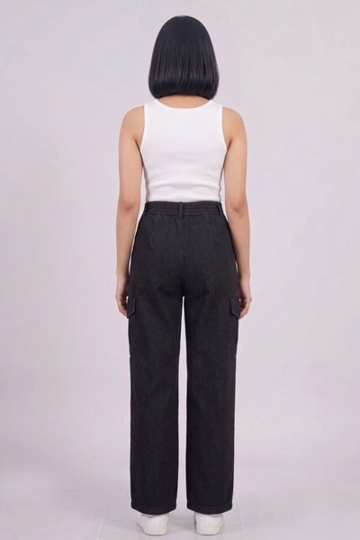 Black Double Button Denim Cargo Pants