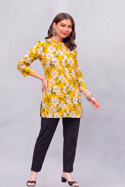 Yellow Blossom Short Printed Kurti