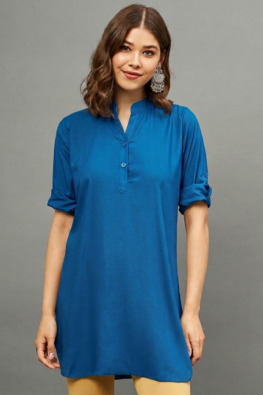 Blue Solid Coloured Short Kurti - 32" Length