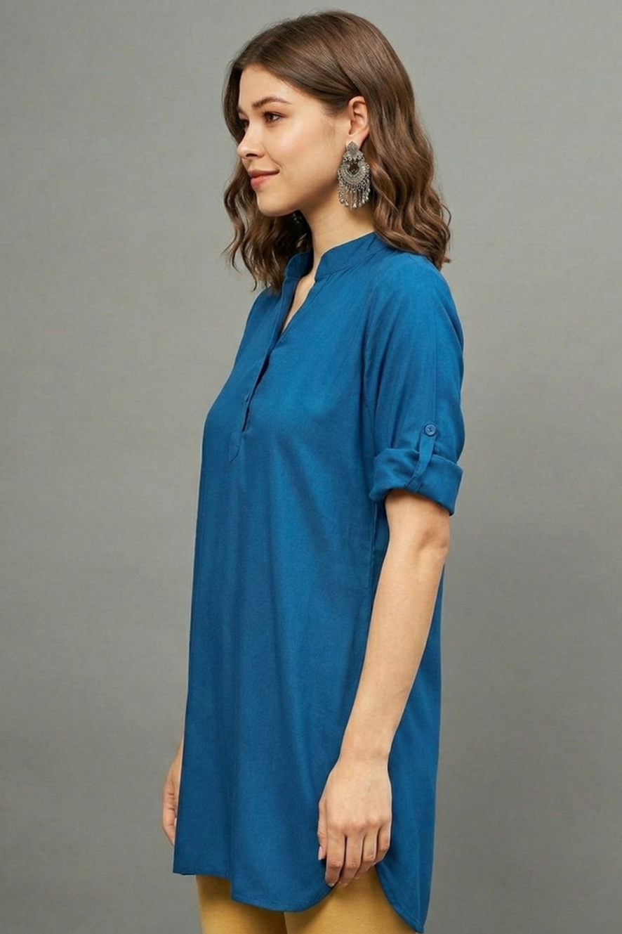Blue Solid Coloured Short Kurti - 32" Length