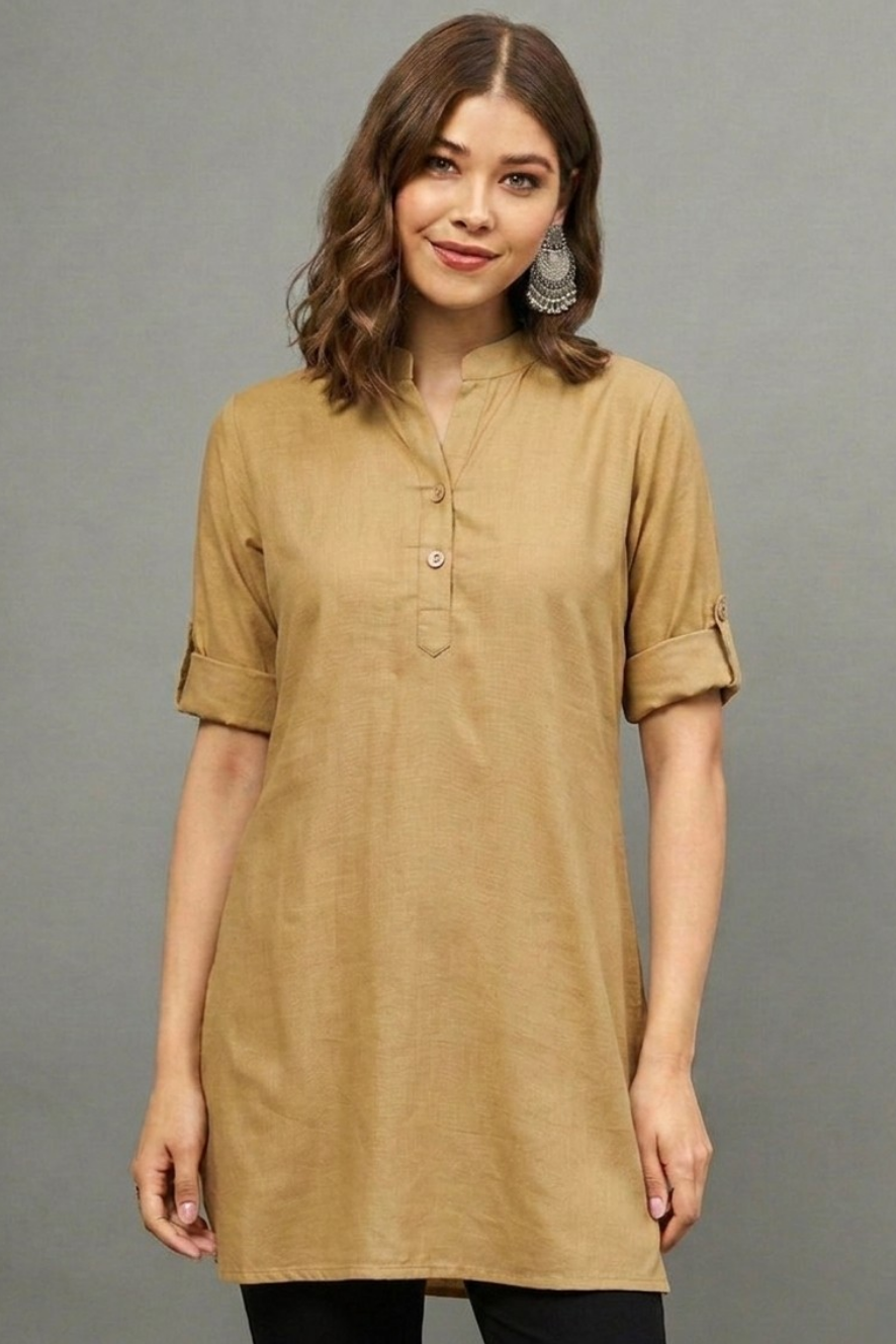 Beige Solid Coloured Short Kurti - 32" Length