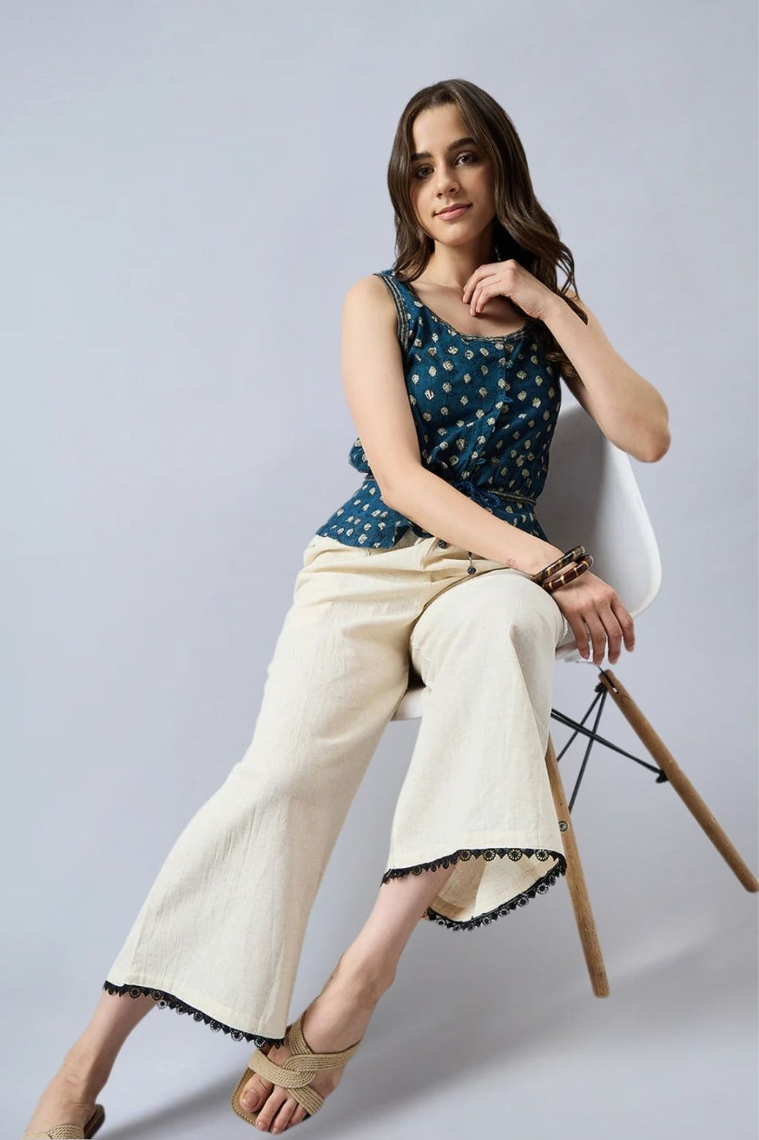 Cotton Palazzo With Black Lace Detailing