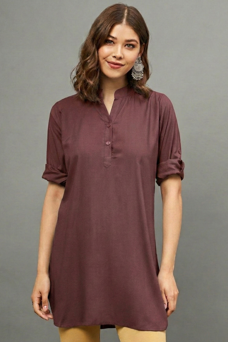 Brown Solid Coloured Short Kurti - 32" Length