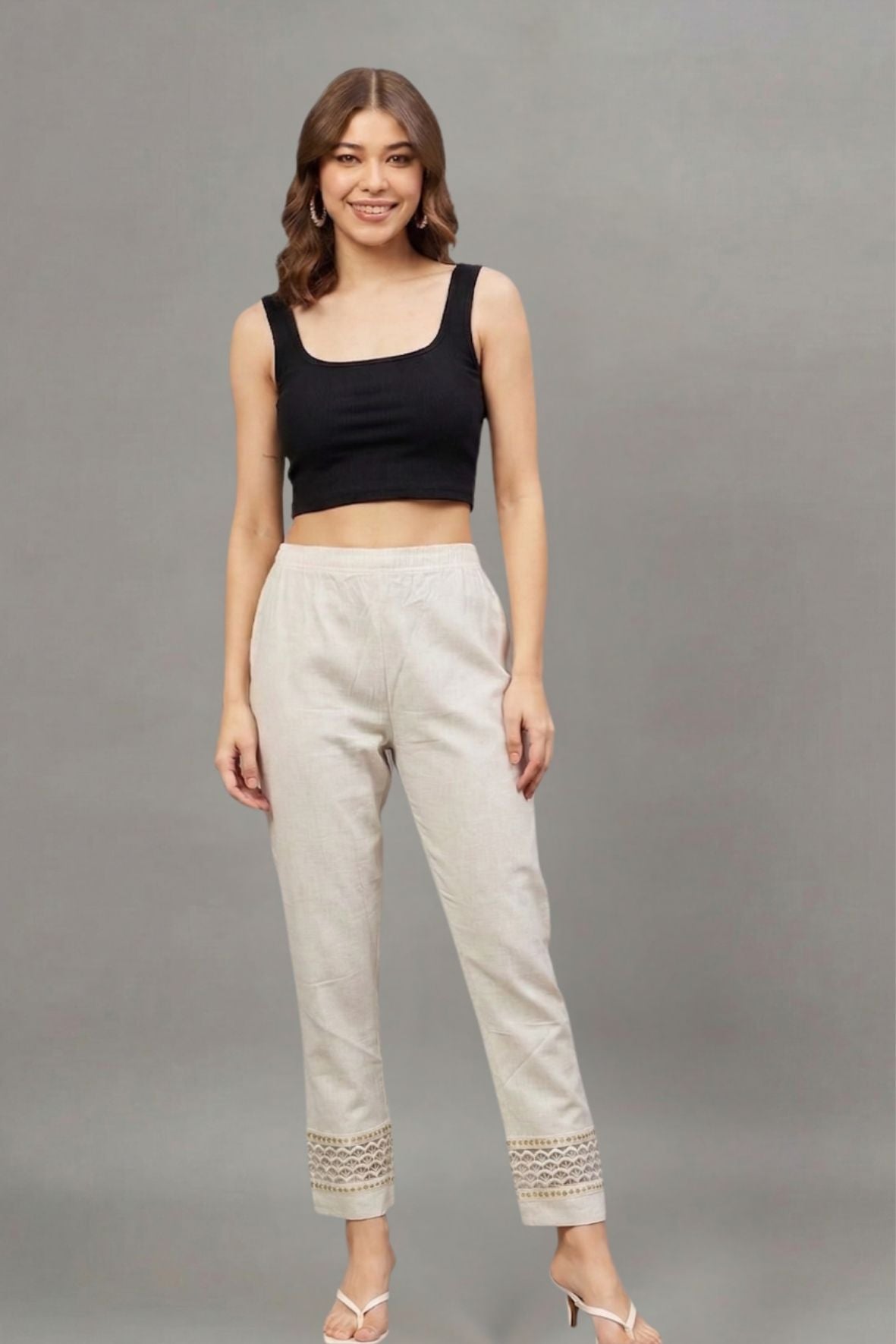 Ivory Chevron Cotton Flex Lace Pants
