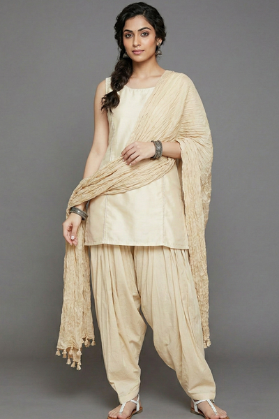 Cream Cotton Plain Patiala with Dupatta