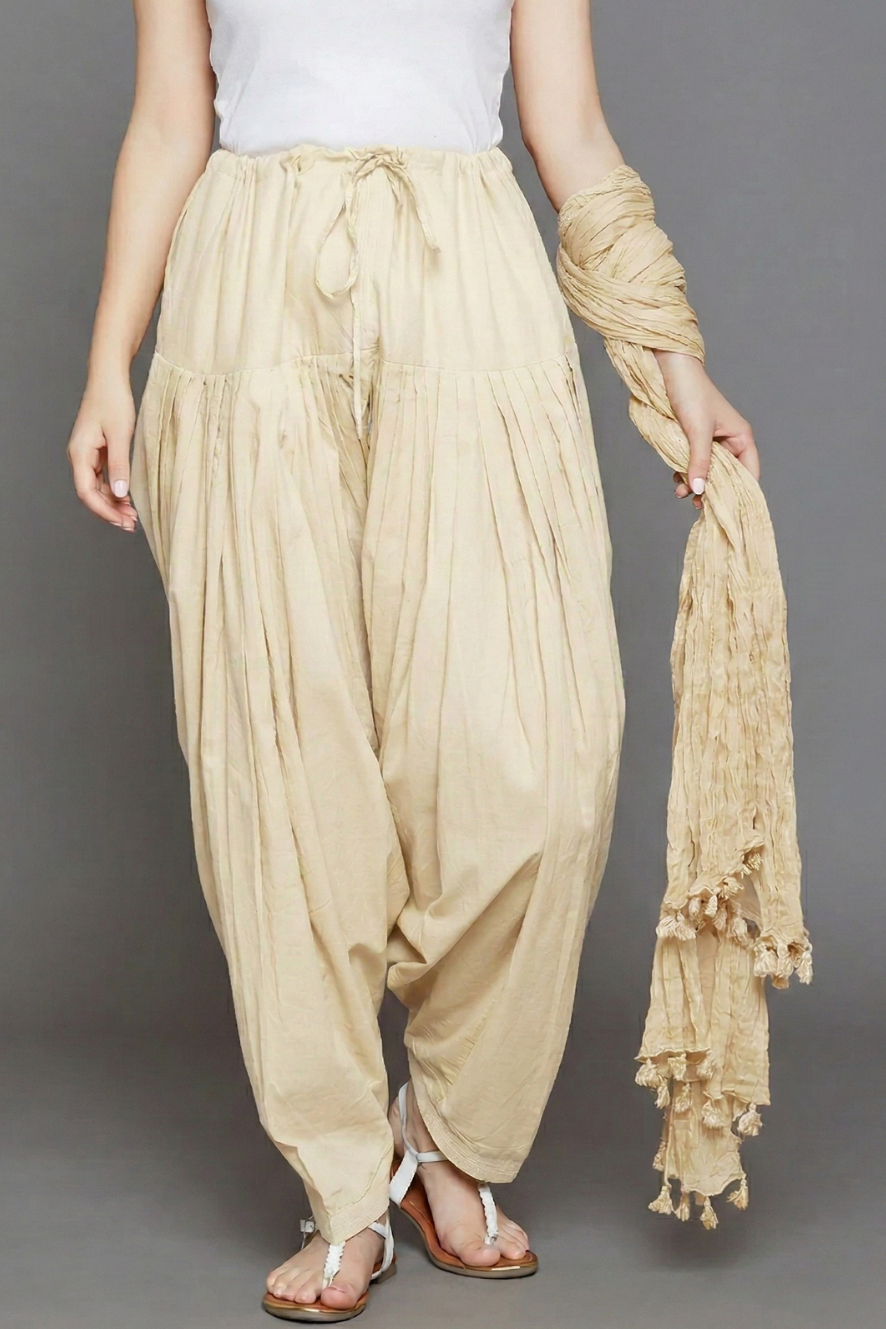 Cream Cotton Plain Patiala with Dupatta
