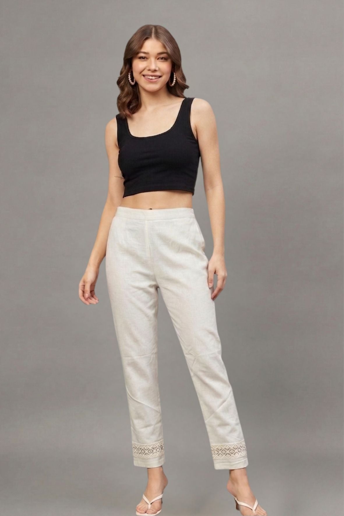 Ivory Cutwork Grid Cotton Flex Lace Pants