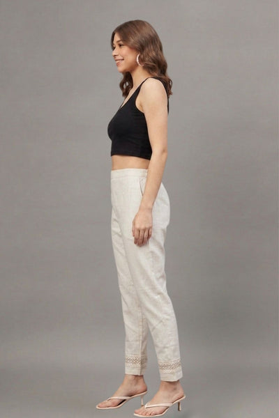 Ivory Cutwork Grid Cotton Flex Lace Pants