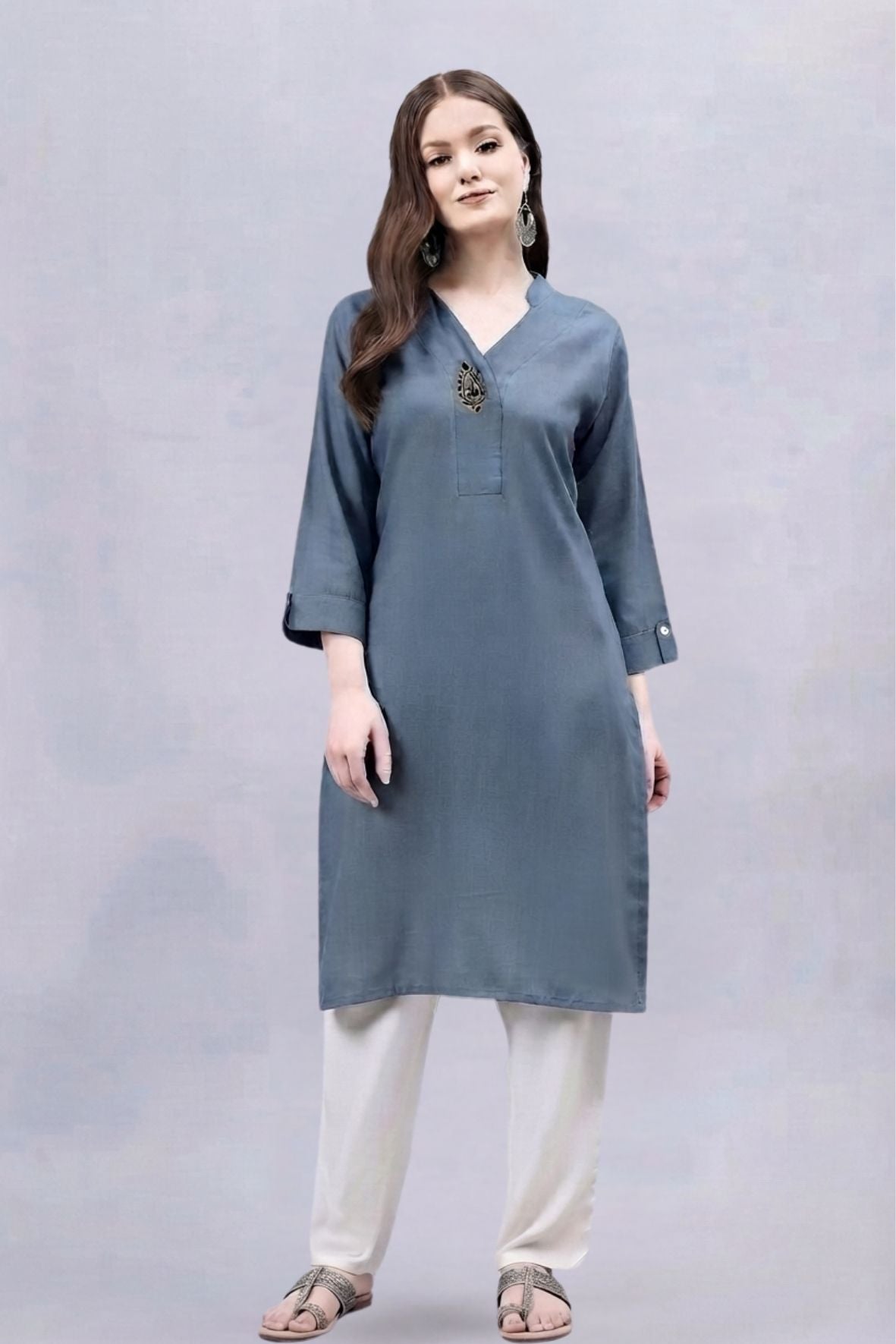 Dark Grey V-Neck Straight Fit Rayon Kurti