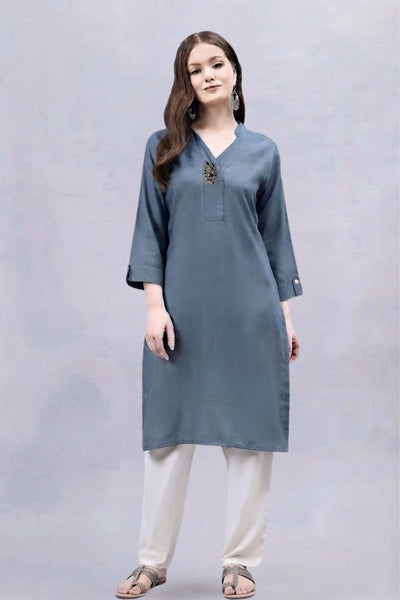 Black V-Neck Straight Fit Rayon Kurti