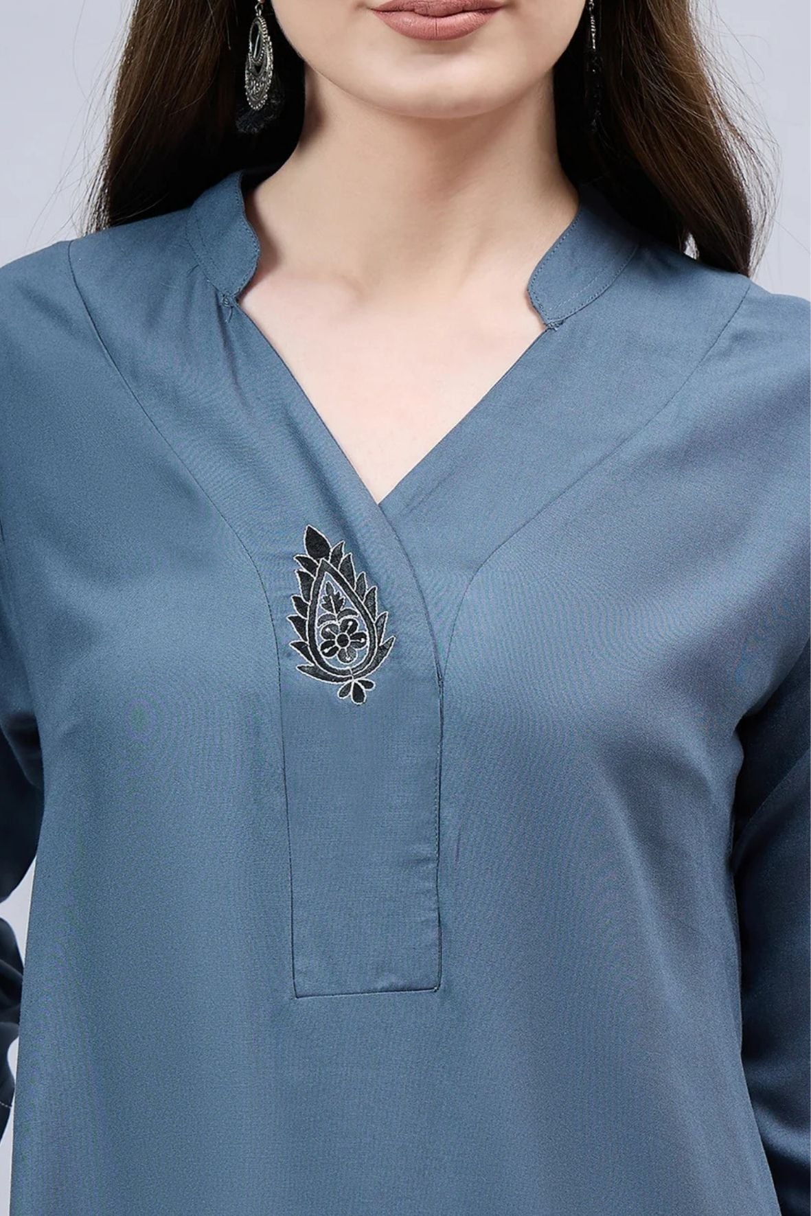 Dark Grey V-Neck Straight Fit Rayon Kurti