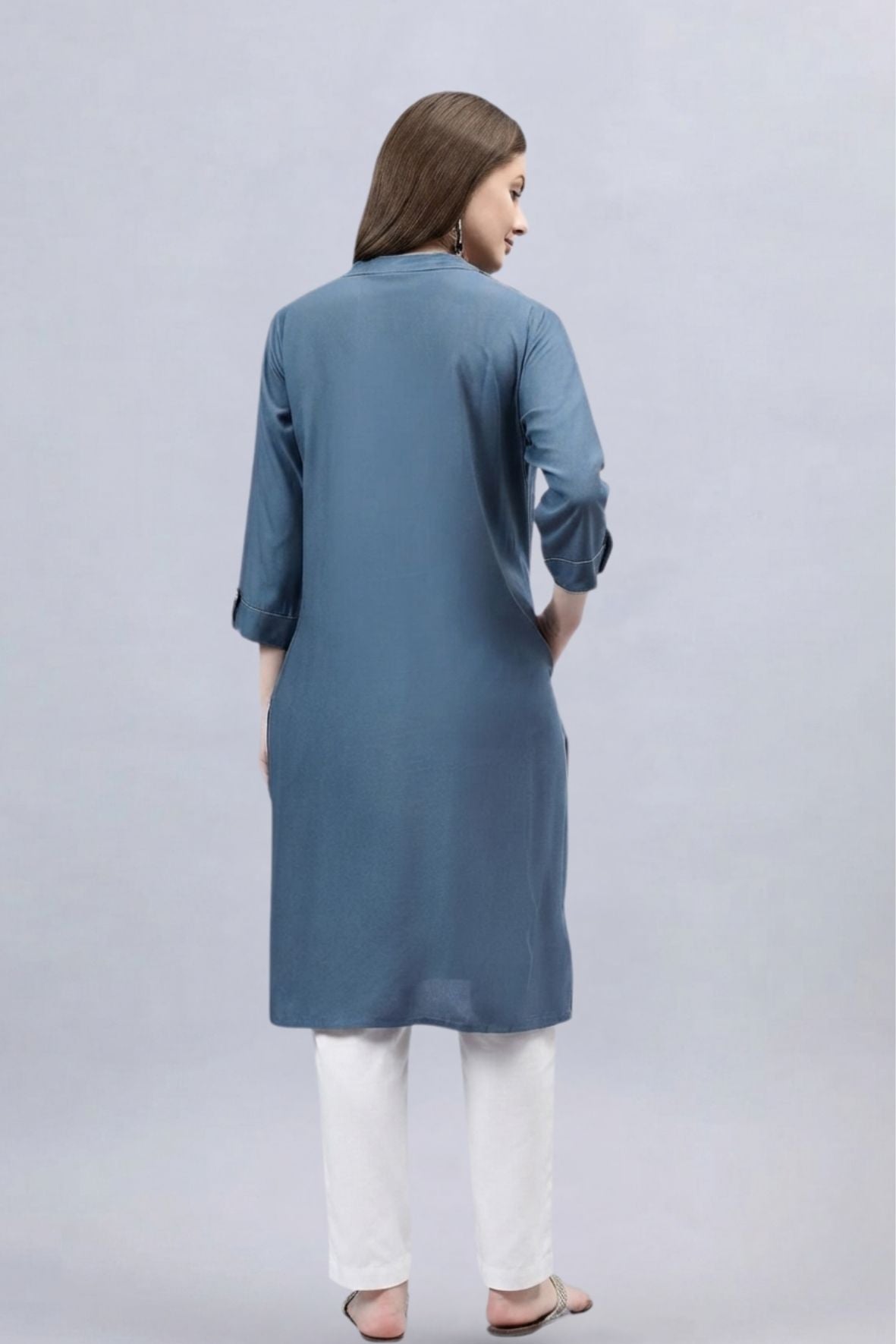 Dark Grey V-Neck Straight Fit Rayon Kurti