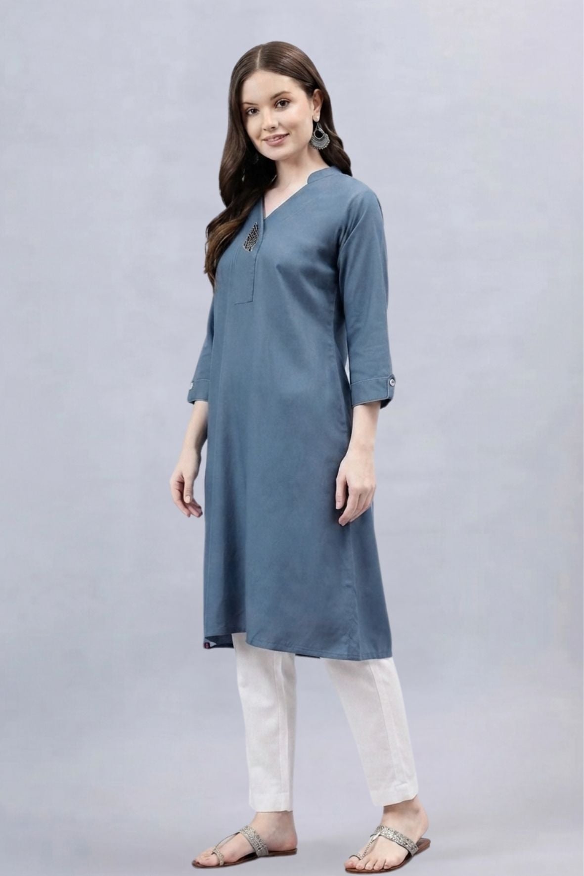 Dark Grey V-Neck Straight Fit Rayon Kurti