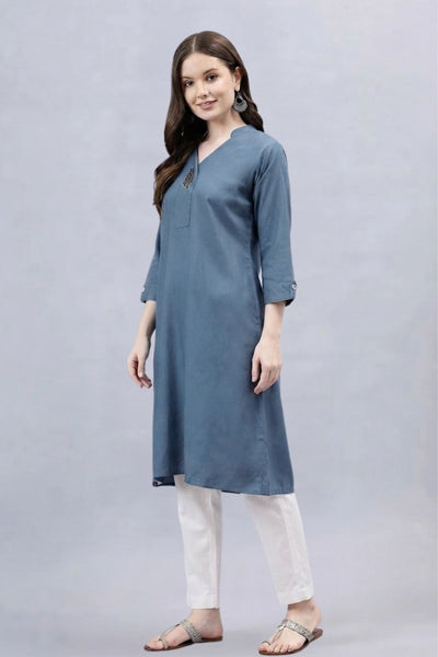 Dark Grey V-Neck Straight Fit Rayon Kurti