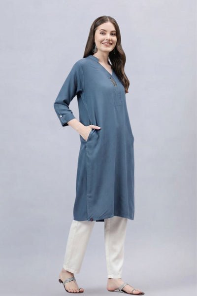 Dark Grey V-Neck Straight Fit Rayon Kurti