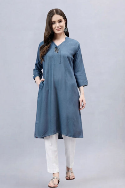 Dark Grey V-Neck Straight Fit Rayon Kurti