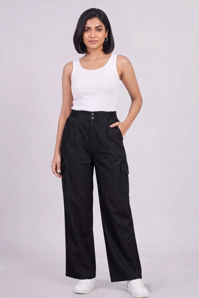 Black Double Button Denim Cargo Pants