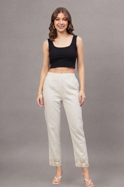 Ivory Floral Scallop Cotton Flex Lace Pants