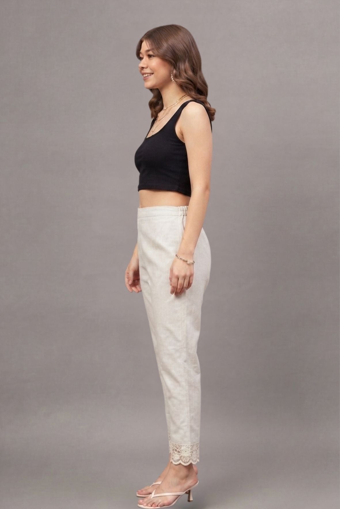 Ivory Floral Scallop Cotton Flex Lace Pants