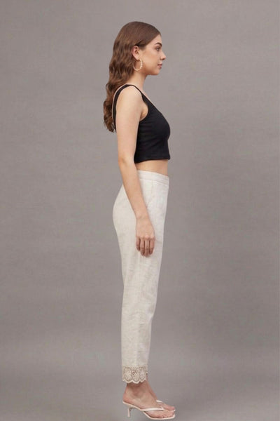 Ivory Floral Scallop Cotton Flex Lace Pants