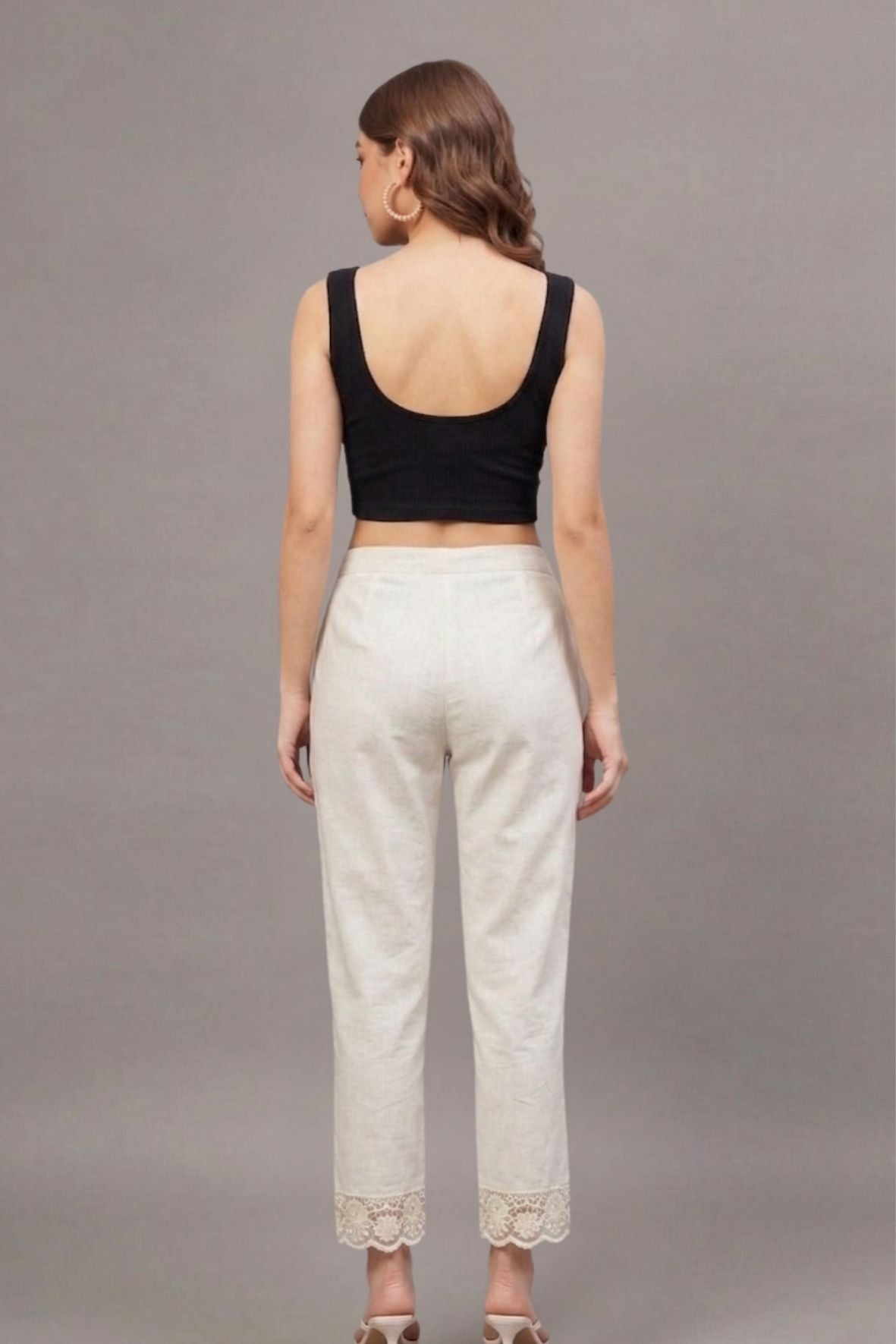 Ivory Floral Scallop Cotton Flex Lace Pants