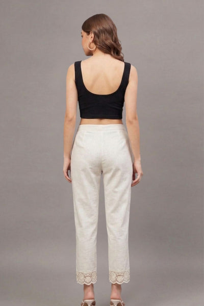 Ivory Floral Scallop Cotton Flex Lace Pants