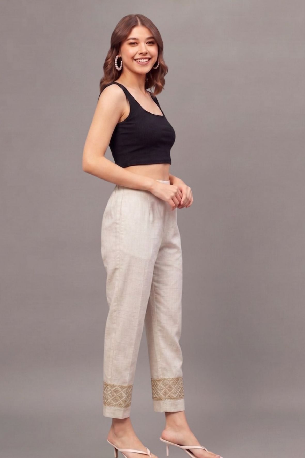 Ivory Geometric Cotton Flex Lace Pants