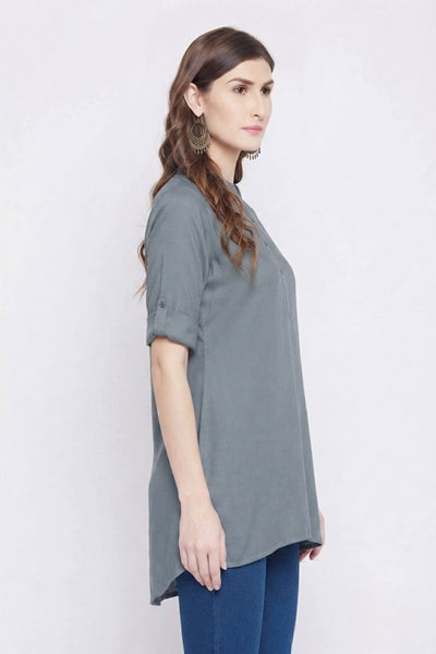 Dark Grey Solid Coloured Short Kurti - 32" Length
