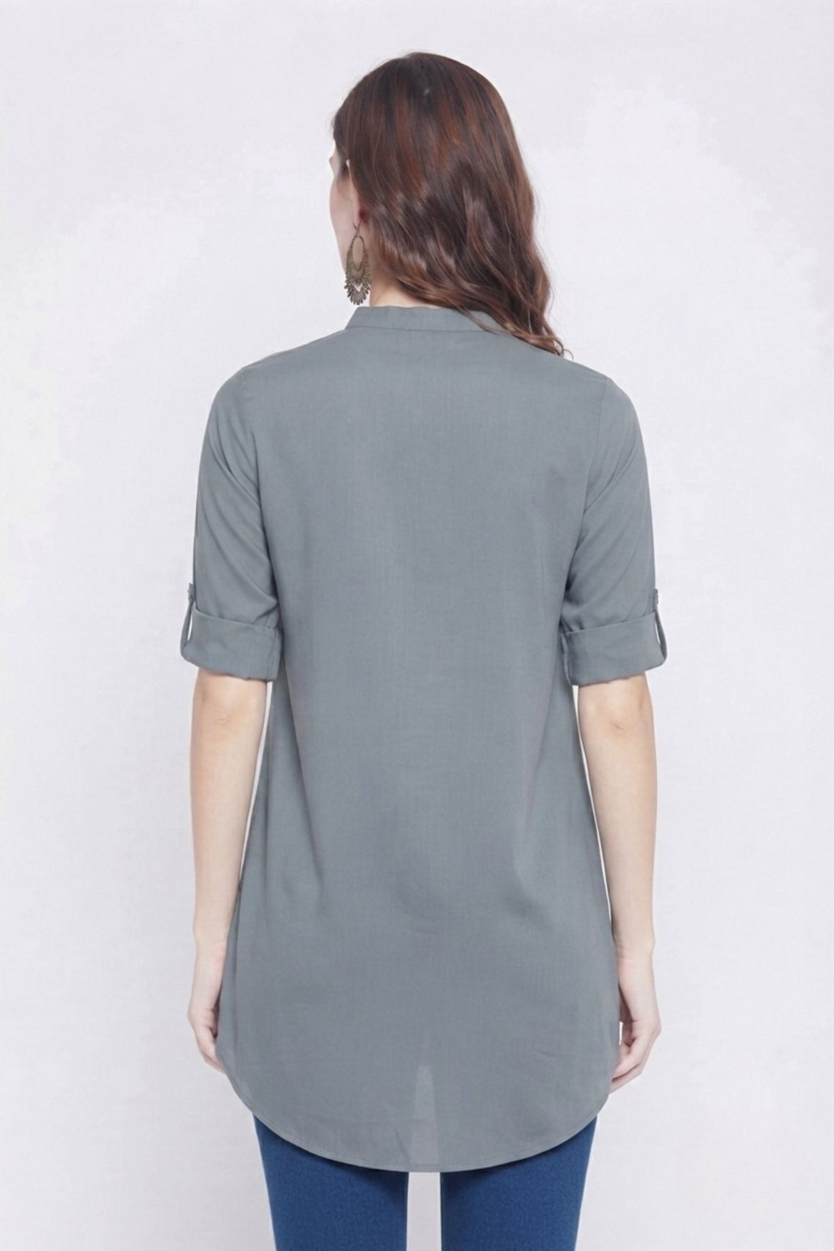 Dark Grey Solid Coloured Short Kurti - 32" Length
