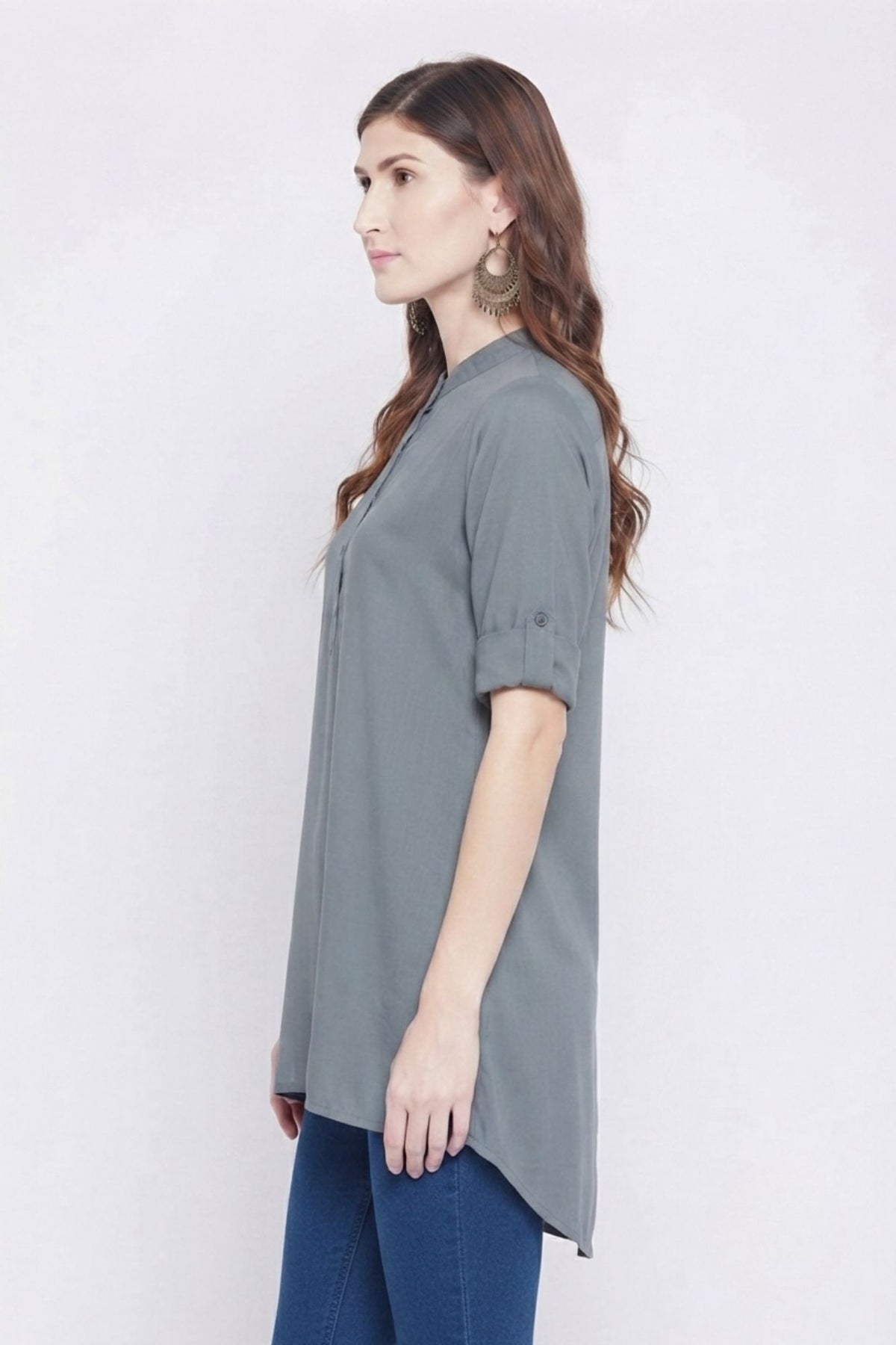Dark Grey Solid Coloured Short Kurti - 32" Length