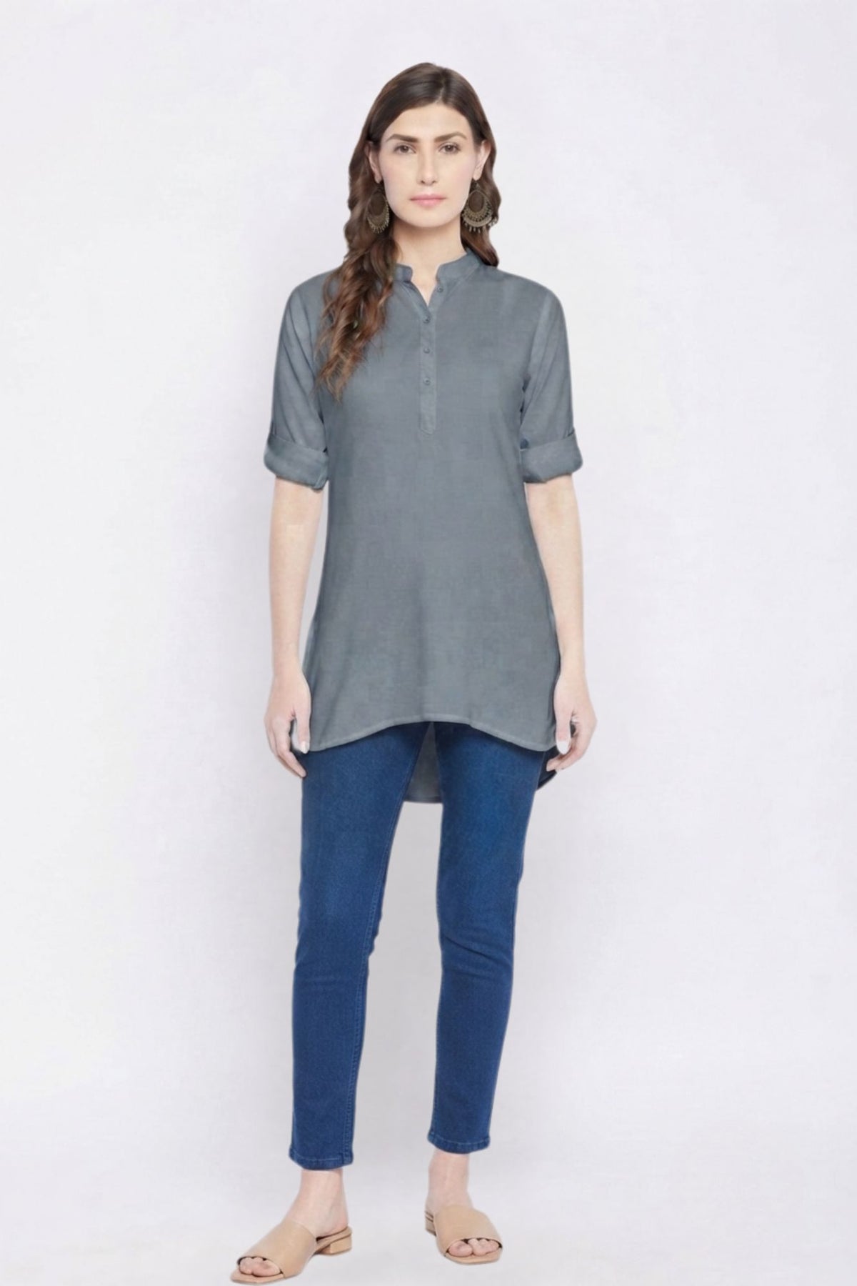 Dark Grey Solid Coloured Short Kurti - 32" Length