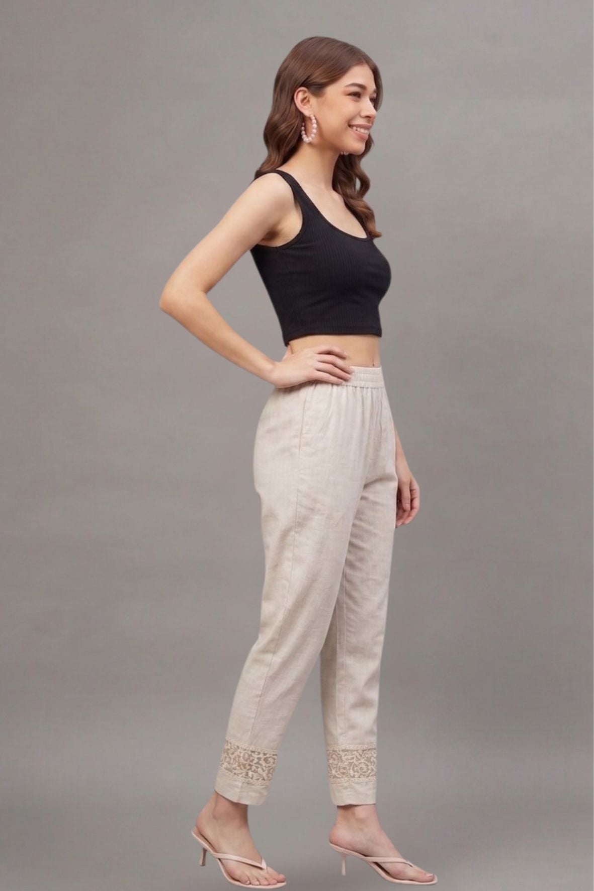 Ivory floral Cotton Flex Lace Pants