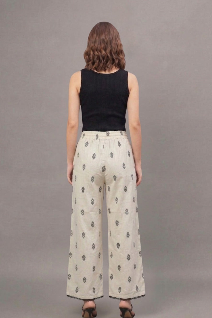 Charcoal Buta Print Cotton Lace Palazzo