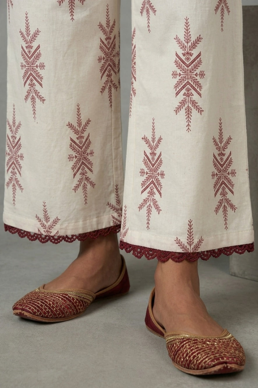 Ivory Maroon Motif Cotton Lace Palazzo