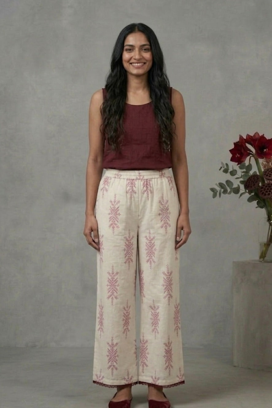 Ivory Maroon Motif Cotton Lace Palazzo