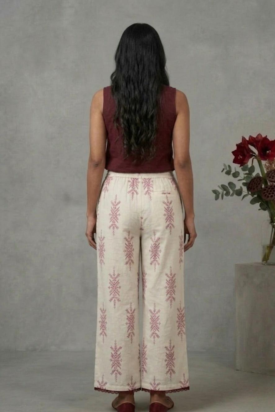Ivory Maroon Motif Cotton Lace Palazzo