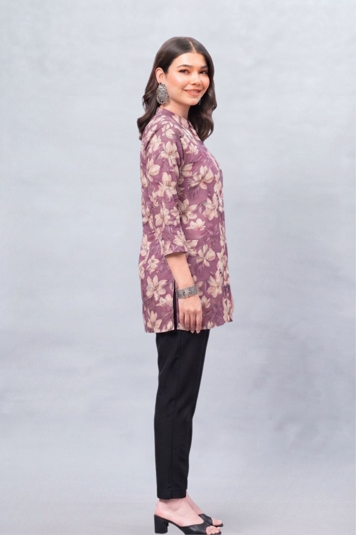 Mauve Floral Cotton Printed Short Kurti