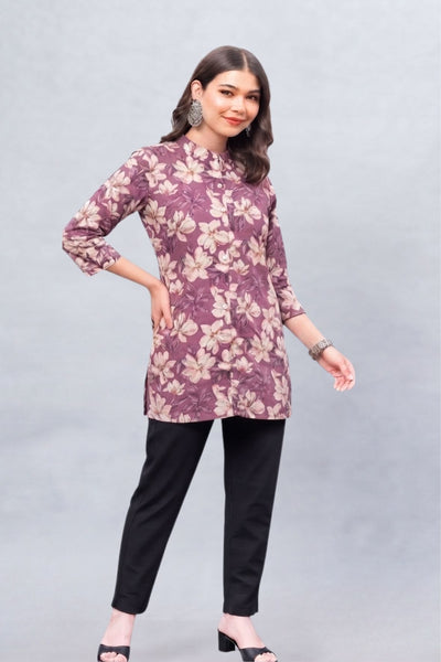 Mauve Floral Cotton Printed Short Kurti