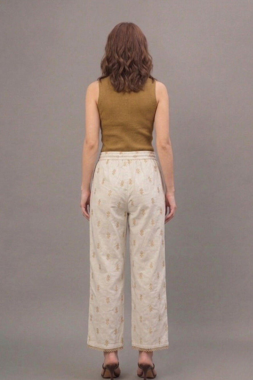 Ivory Mustard Buti Print Cotton Lace Palazzo