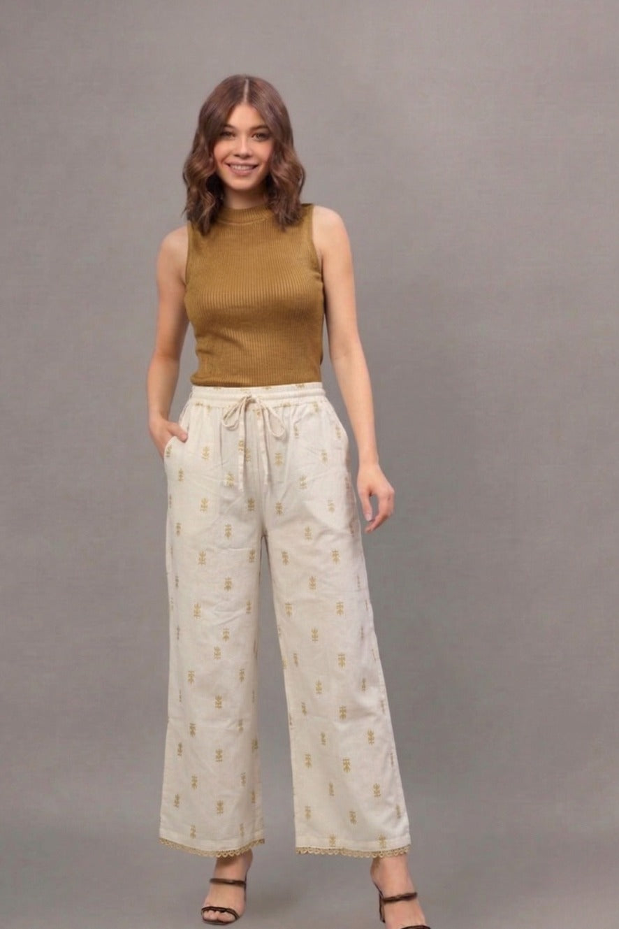 Ivory Mustard Buti Print Cotton Lace Palazzo