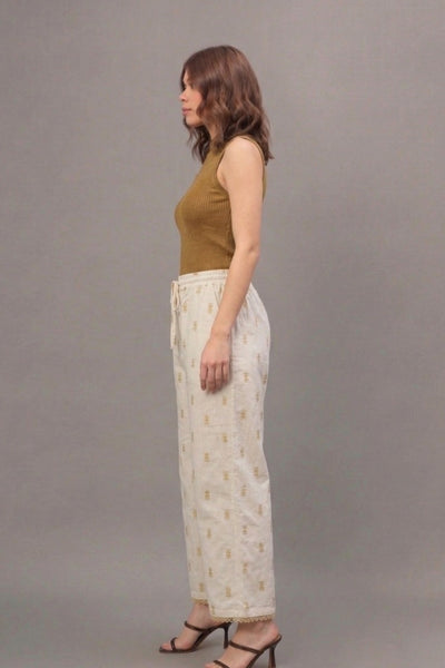 Ivory Mustard Buti Print Cotton Lace Palazzo