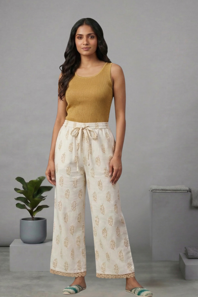 Ivory Beige Leaf Print Cotton Lace Palazzo