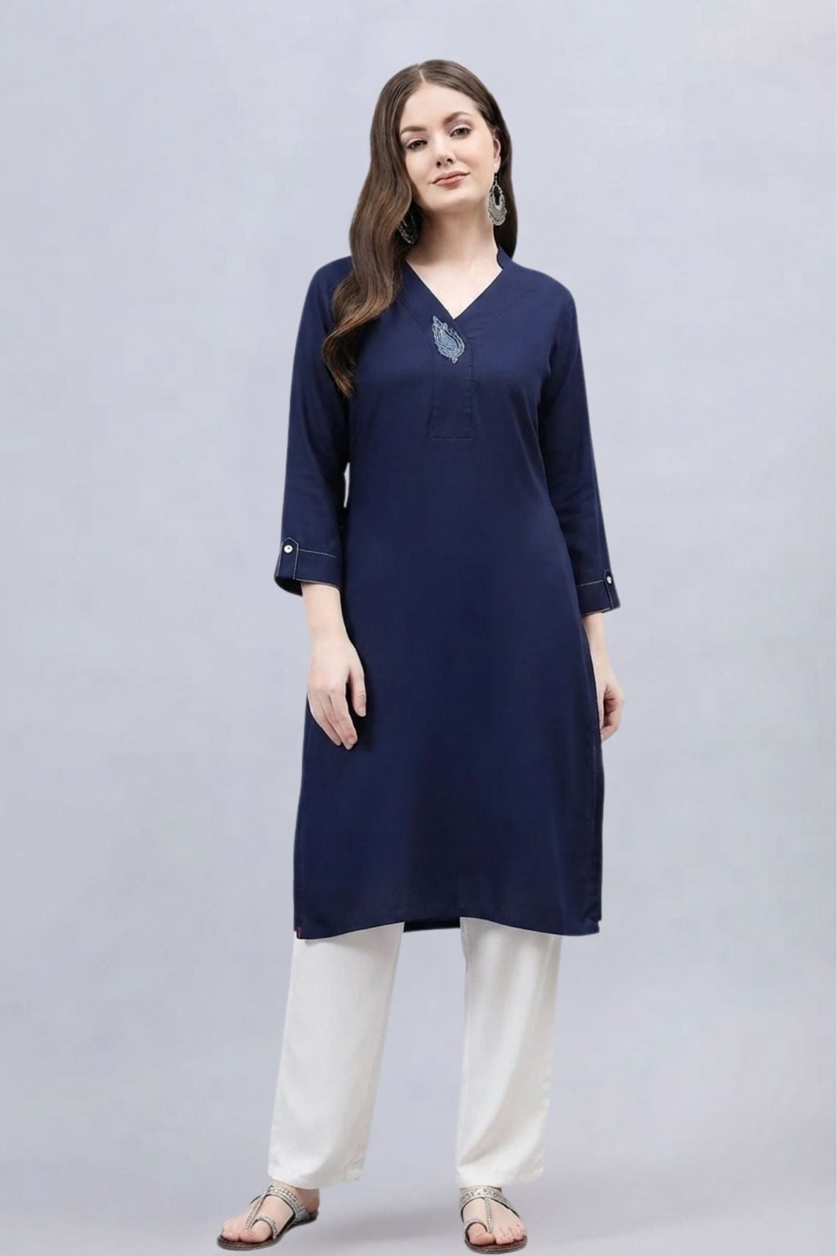 Navy Blue V-Neck Straight Fit Rayon Kurti
