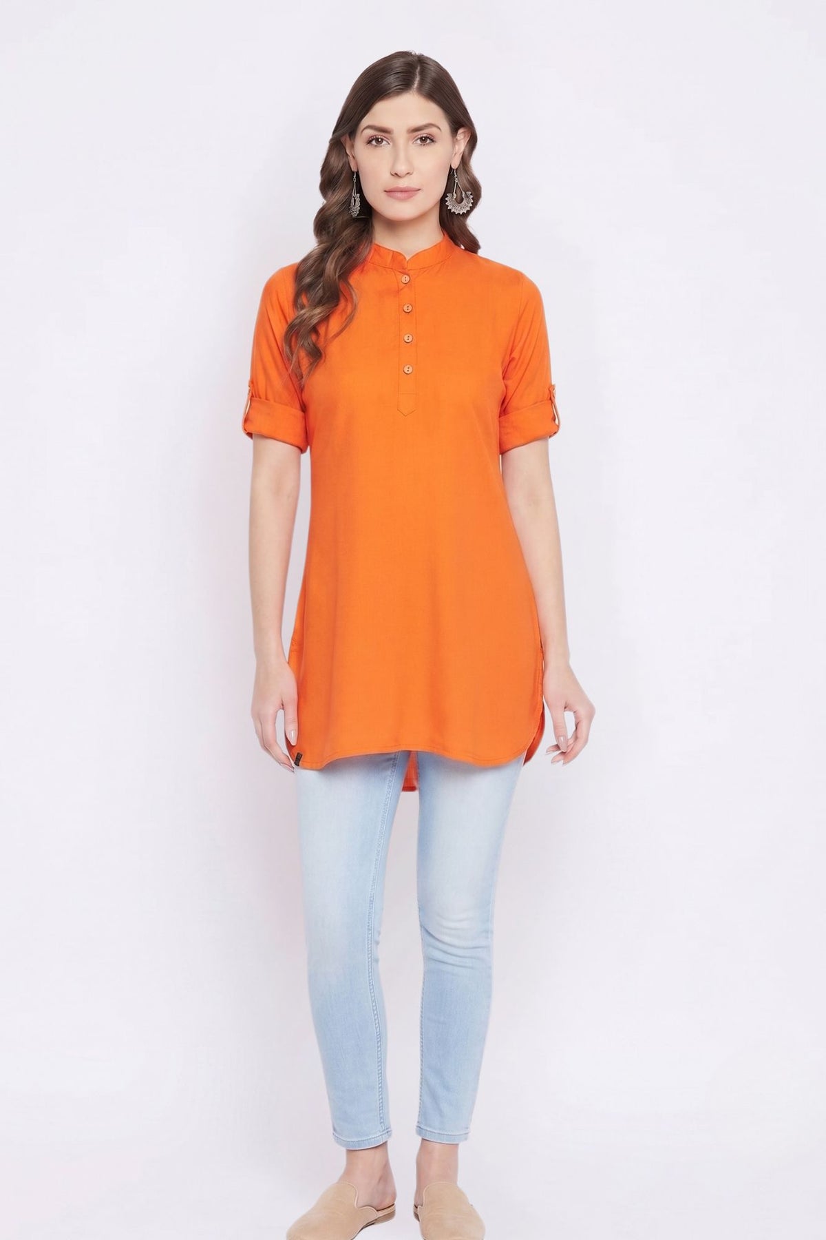 Orange Solid Coloured Short Kurti - 32"Length