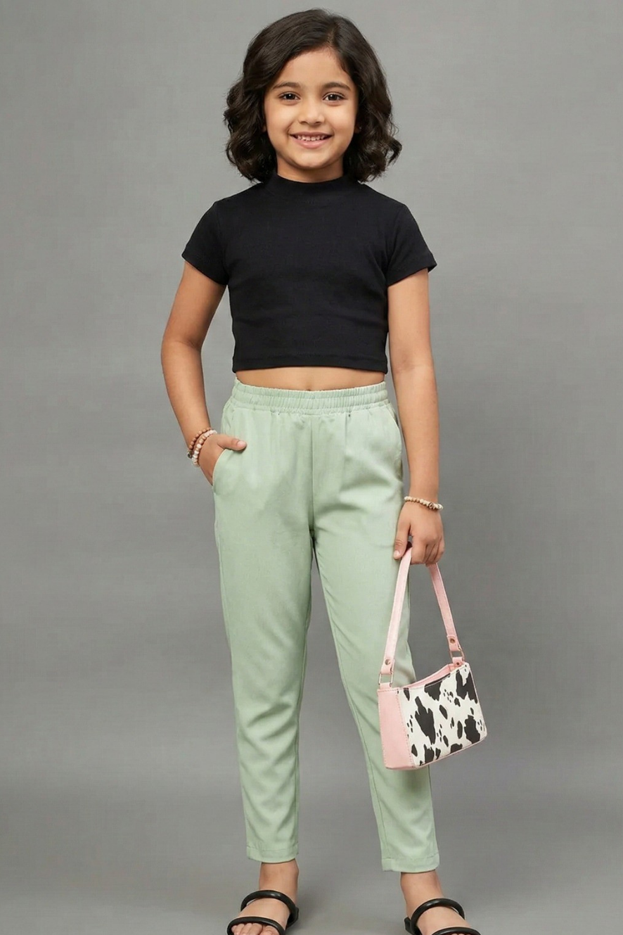 Girls Pastel Green Colour Straight Pant