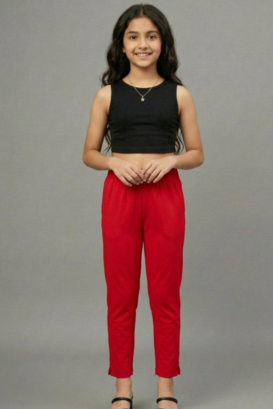 Girls Red Colour Straight Pant