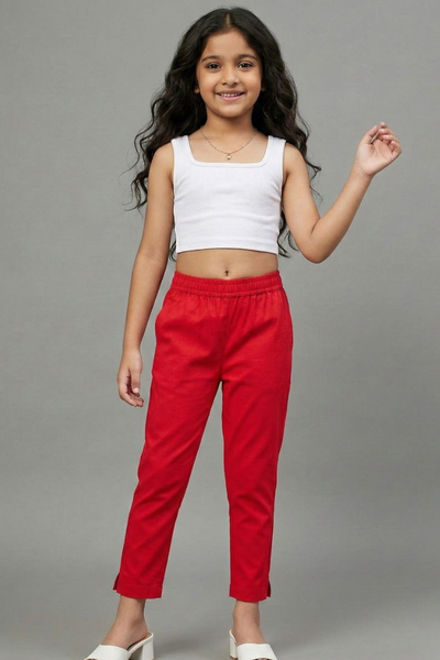 Girls Red Colour Straight Pant